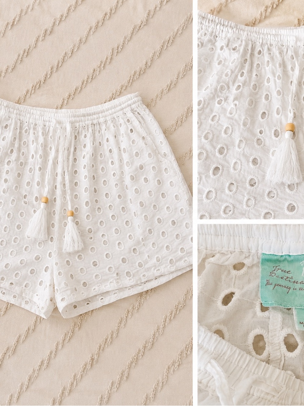 White Eyelet Drawstring Shorts | Size Large | Boho Beach Cover-Up